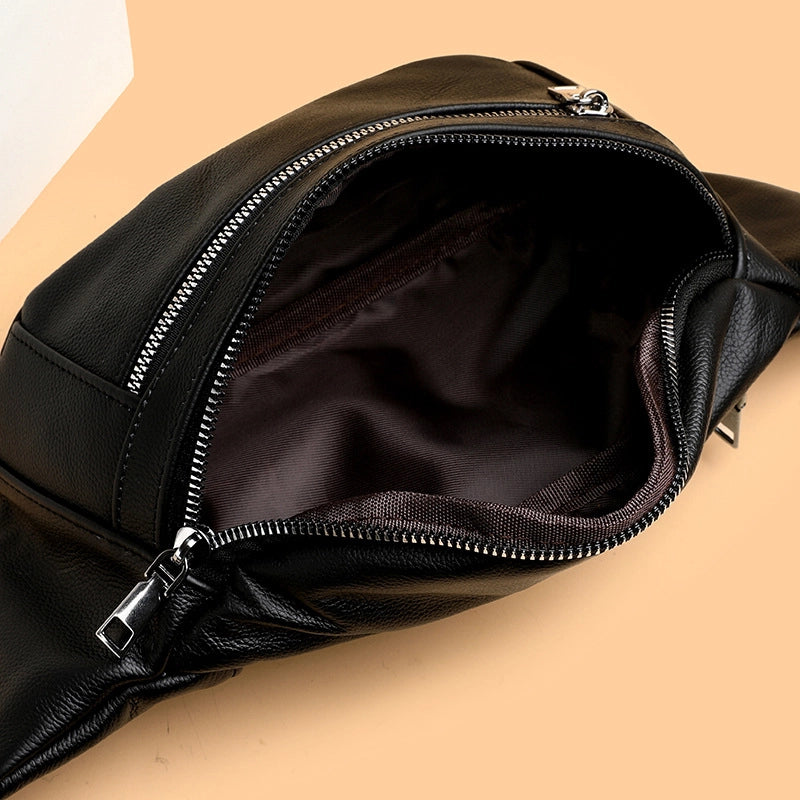 Unisex Solid Color Leather Zipper Fanny Pack