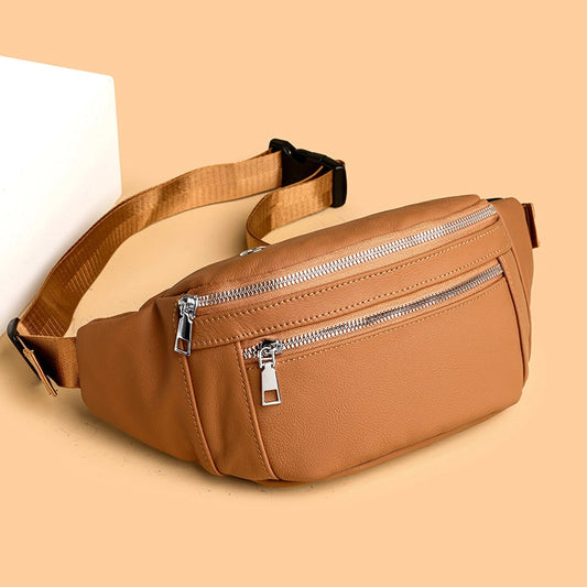 Unisex Solid Color Leather Zipper Fanny Pack