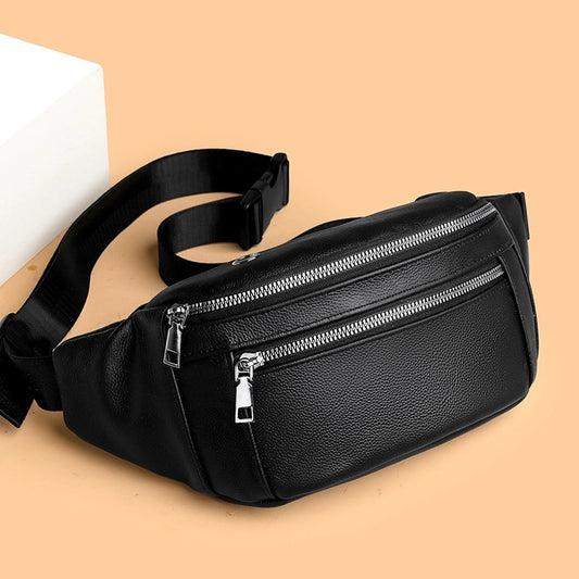 Unisex Solid Color Leather Zipper Fanny Pack