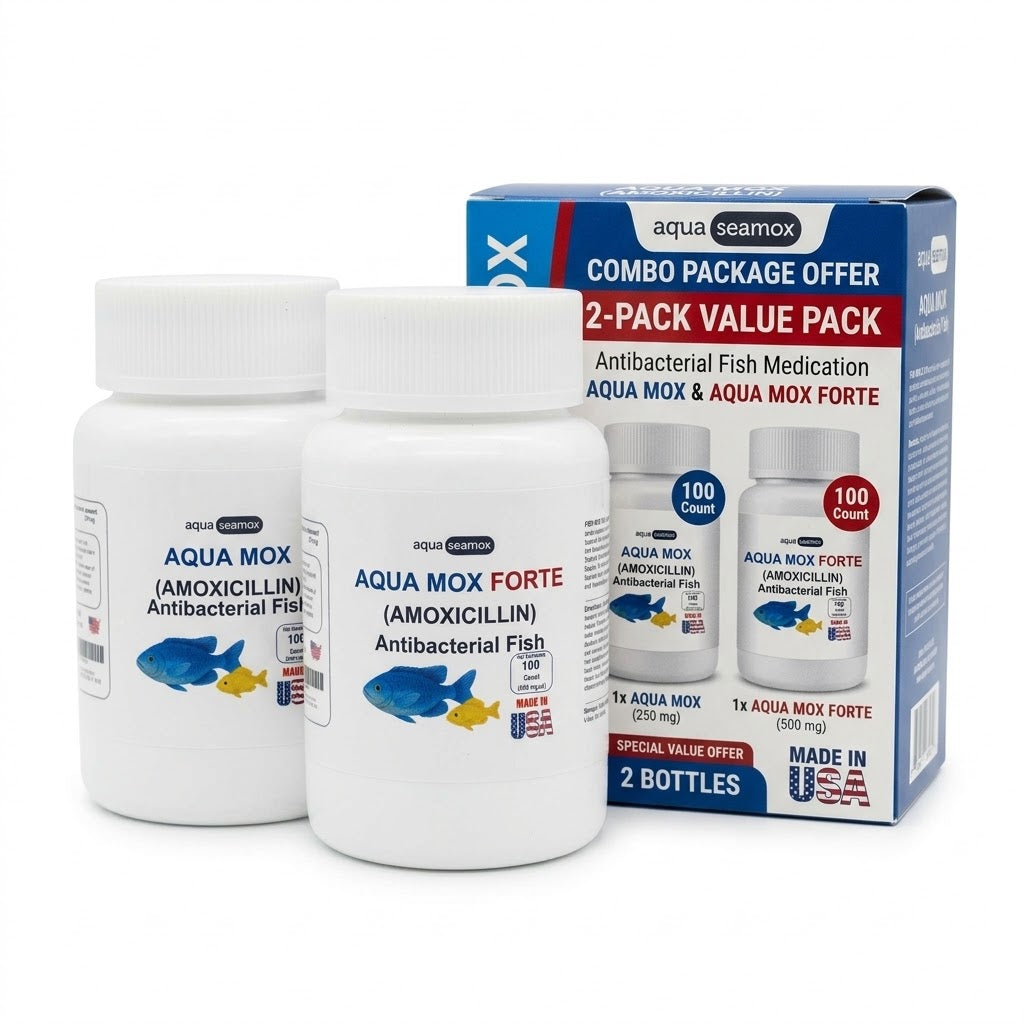 Aqua Mox 250 mg and Aqua Mox Forte 500 mg amoxicillin two-pack value box for ornamental aquarium fish, 100-count bottles