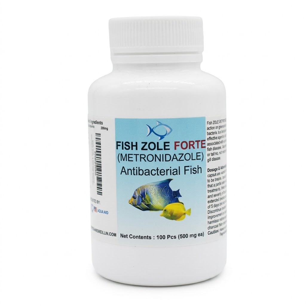 Fish Zole Forte metronidazole 500 mg antibacterial for ornamental aquarium fish, 100-count bottle