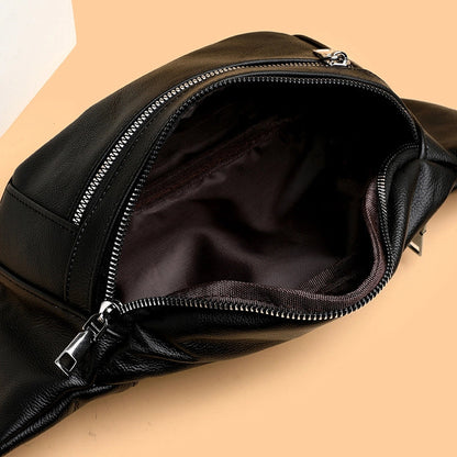 Unisex Solid Color Leather Zipper Fanny Pack