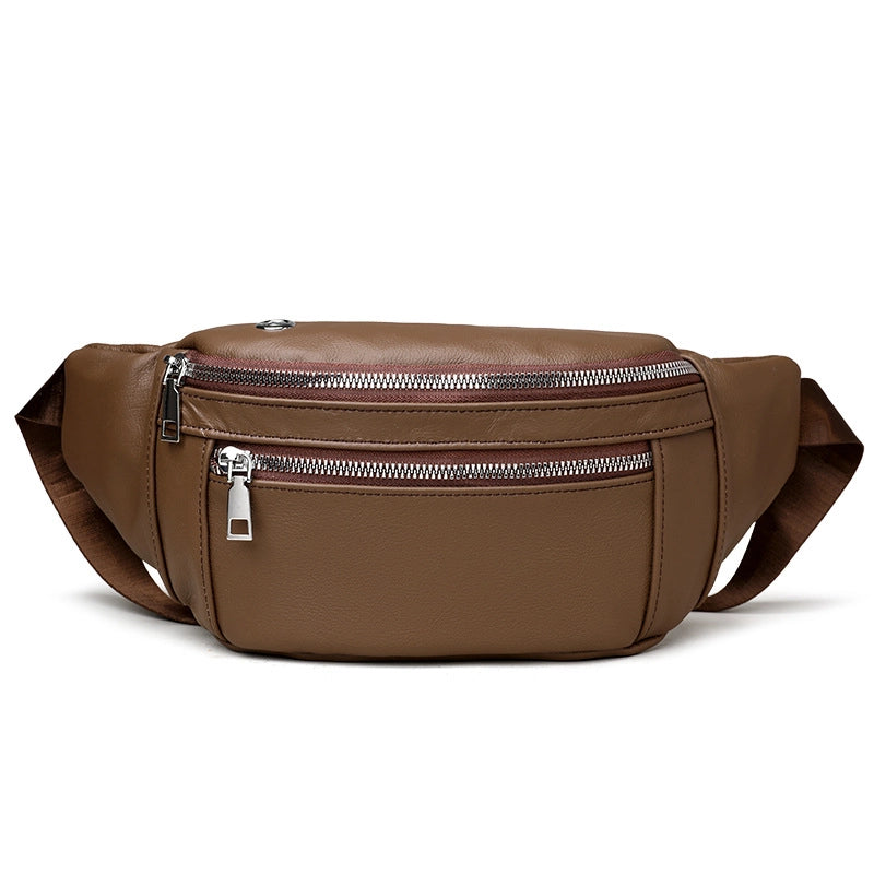 Unisex Solid Color Leather Zipper Fanny Pack