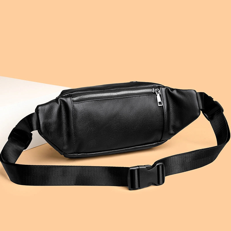 Unisex Solid Color Leather Zipper Fanny Pack