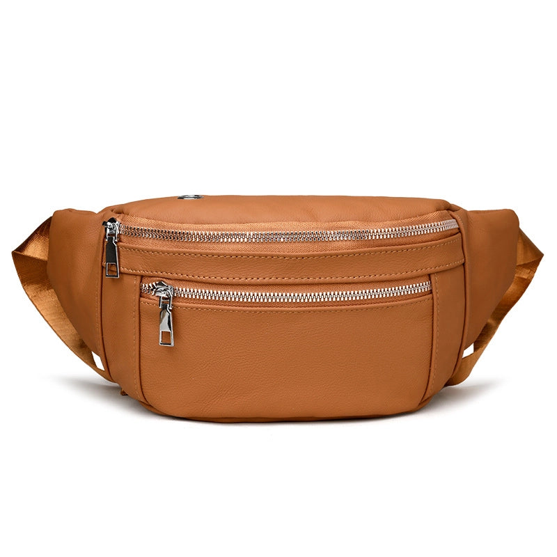 Unisex Solid Color Leather Zipper Fanny Pack