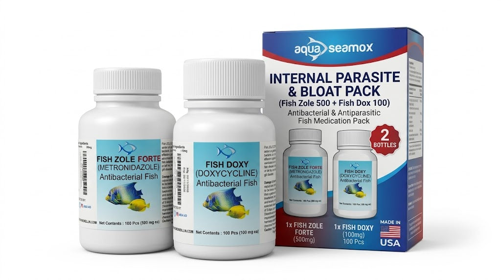 Internal parasite and bloat pack box with Fish Zole Forte 500 mg and Fish Doxy 100 mg for ornamental aquarium fish, two bottles