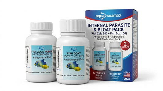 Internal parasite and bloat pack box with Fish Zole Forte 500 mg and Fish Doxy 100 mg for ornamental aquarium fish, two bottles