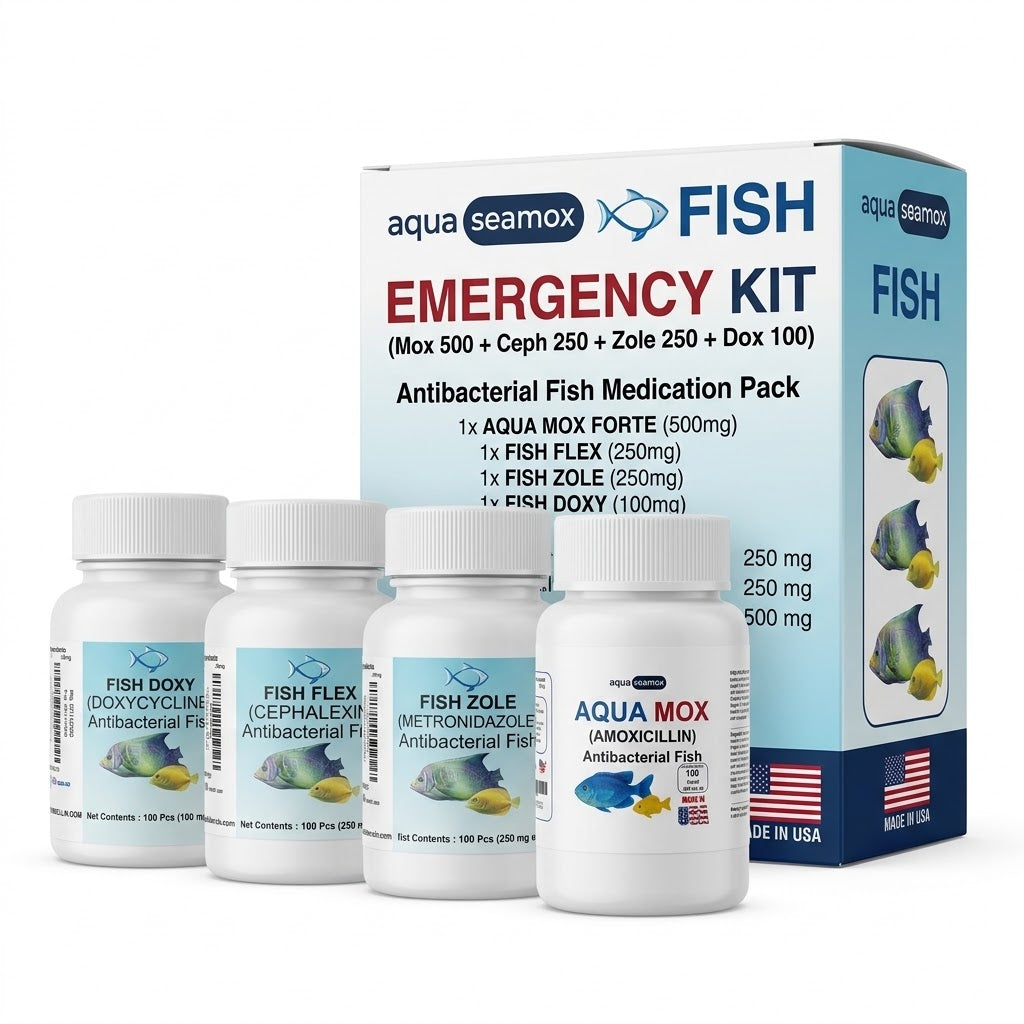 Aqua Seamox emergency kit box with Aqua Mox Forte 500 mg, Fish Flex 250 mg, Fish Zole 250 mg and Fish Doxy 100 mg for ornamental aquarium fish